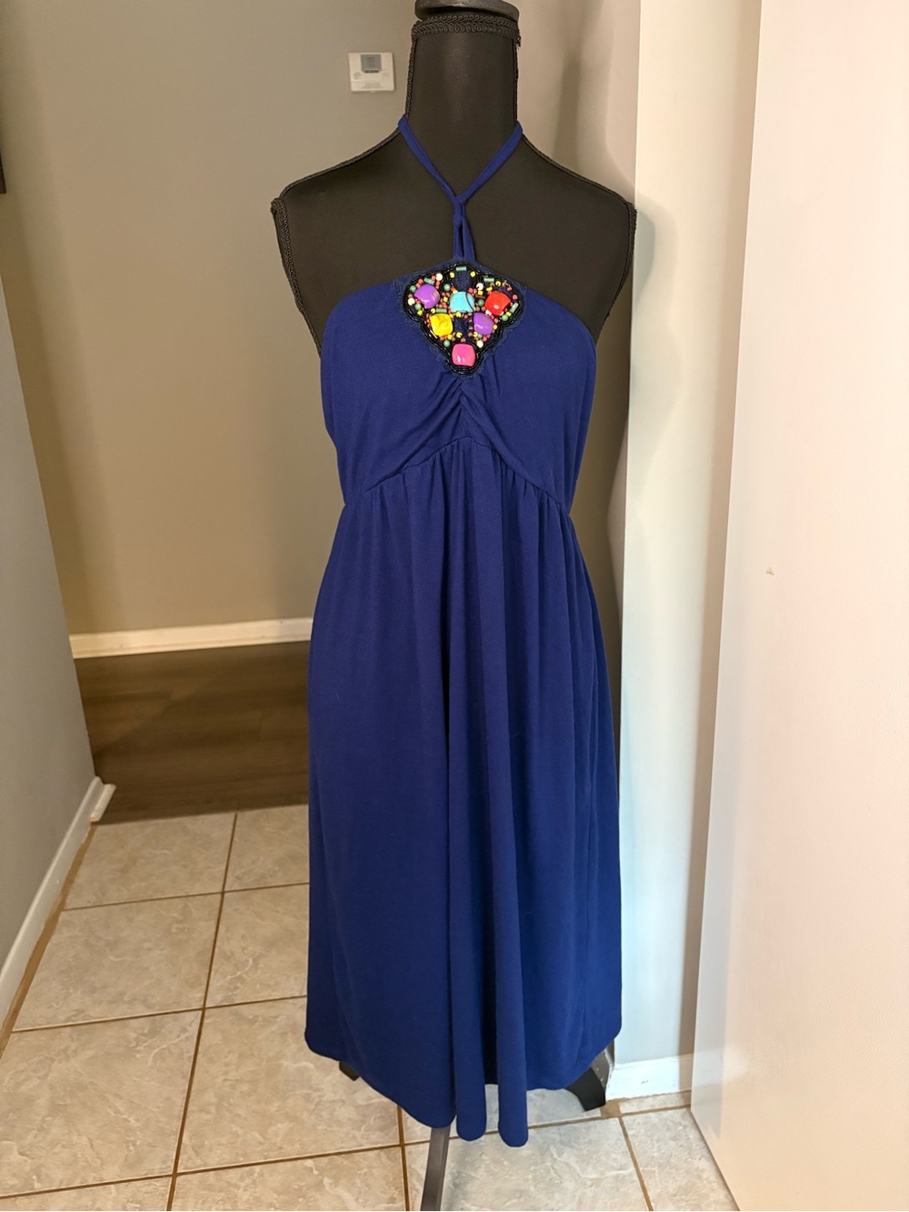 Navy Blue Halter Midi Dress with Colorful Beaded Accent